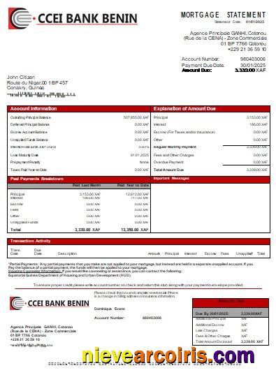 Equatorial Guinea CCEI Bank Benin bank mortgage statement